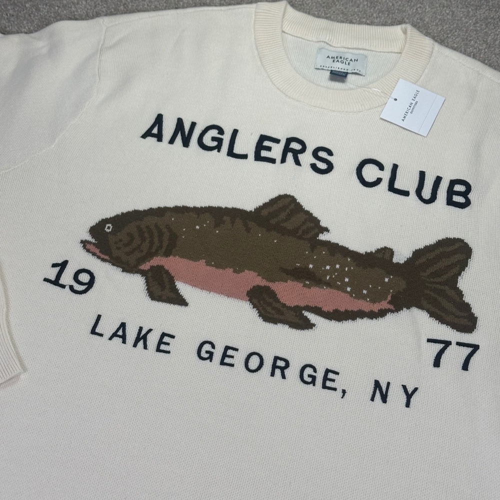 American Eagle Mens XL Sweater Cream Anglers Club Lake George Trout Gorpcore